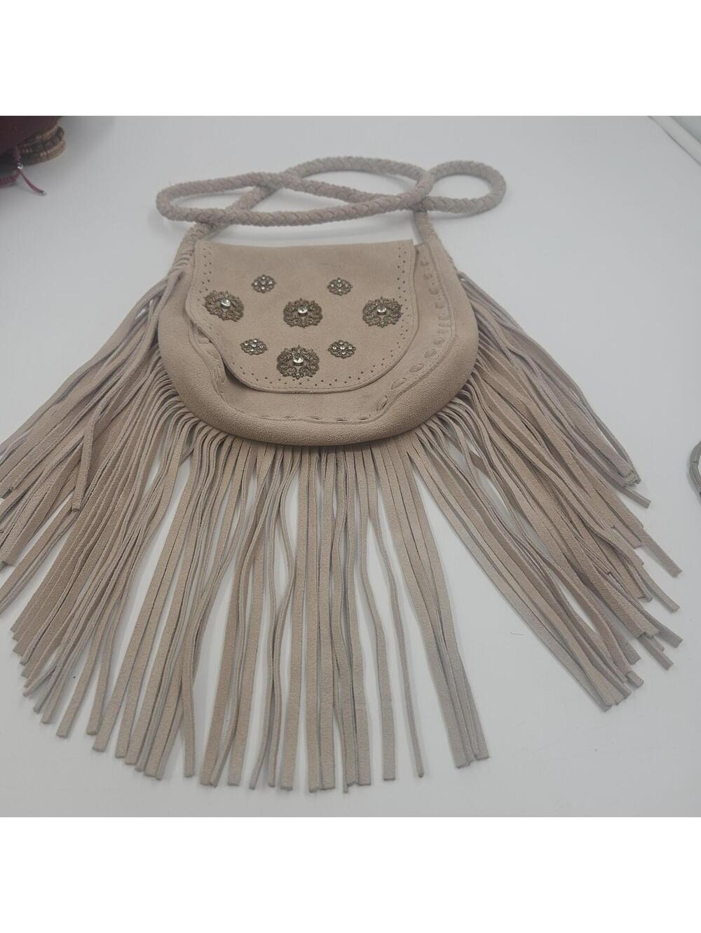 Vintage Boho Suede Fringe Crossbody Bag Western Festival Braided Strap Off White